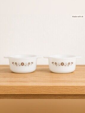 Vintage Dynaware Pyr-O-Rey Milk Glass Brown Daisy Individual Casserole Dish